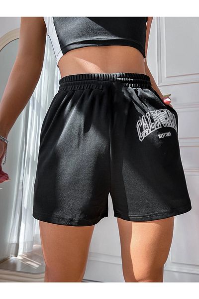 Mythologie Pantaloni scurți din bumbac pieptănat California - negri, imprimați, talie înaltă, tricotate, cu buzunar, femei