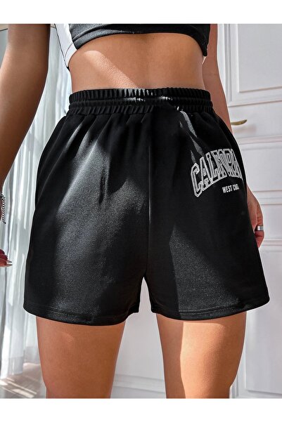 Mythologie California Combed Cotton Short Shorts - Black, Printed, High Waist, Knitted, Pocketed, Women