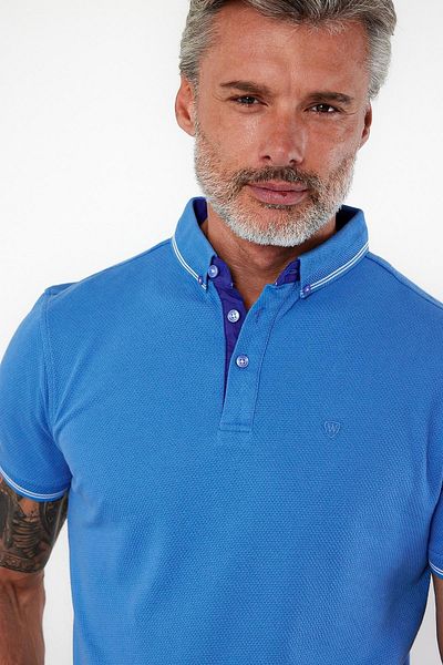 ENQUE Tricou albastru solid cu mânecă scurtă, cu gât polo, strâns pentru bărbați