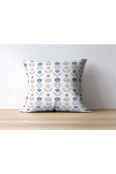 NT Handmade 42x42cm Cotton Woven Throw Pillow Pillow Case with Blue Flower Print on Cream Background