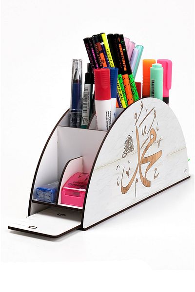 kutuTR Wooden Vip Islamic Rainbow Ruled Desktop Pen Holder Organizer with Assembled Box