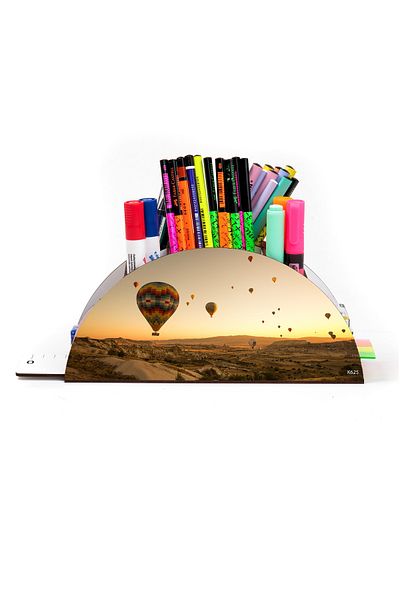 kutuTR Wooden Vip Landscape Rainbow Ruled Desktop Pen Holder Organizer with Assembled Box