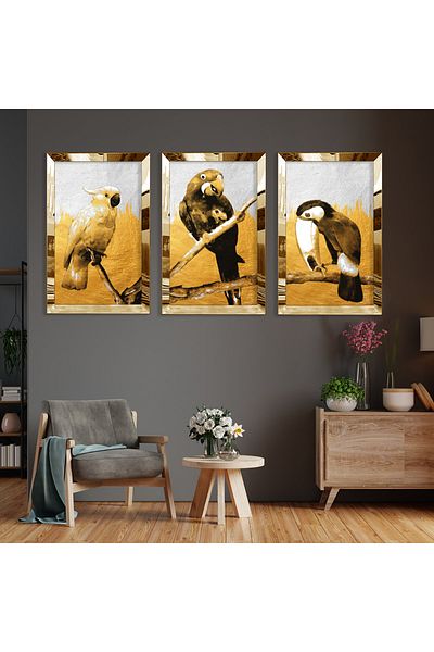 Zevahir Mobilya Dekorasyon Set de pictură din MDF cu model abstract papagal cu margine din plexiglas auriu