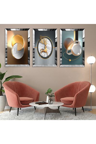 Zevahir Mobilya Dekorasyon Set de picturi din MDF triplu cu model abstract de cerb cu cadru din plexiglas cu oglindă argintie