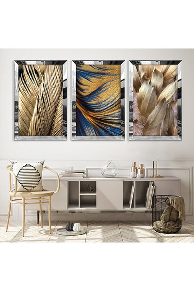 Zevahir Mobilya Dekorasyon Silver Mirrored Plexiglass Framed Collage Drawing Triple Mdf Painting Set