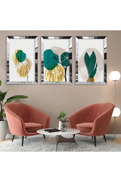 Zevahir Mobilya Dekorasyon Set de pictură din MDF cu model abstract de plantă din argint cu margine din plexiglas