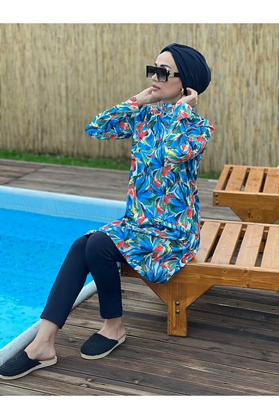 MASSMİZO Women's Long Scuba Digital Print Beach Full Covered Hijab Swimsuit Set of 3