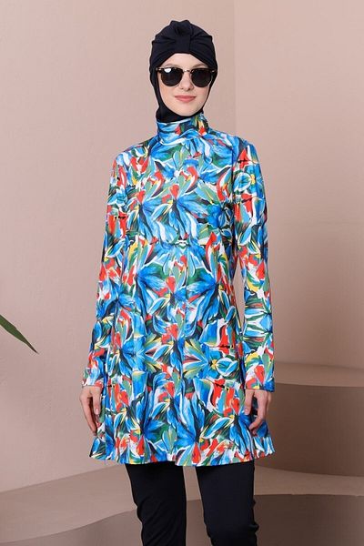 MASSMİZO Women's Long Scuba Digital Print Beach Full Covered Hijab Swimsuit Set of 3