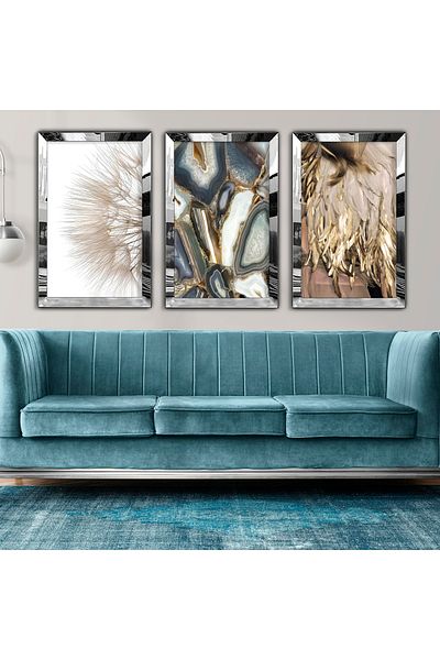 Zevahir Mobilya Dekorasyon Silver Mirrored Plexiglass Framed Collage Drawing Triple Mdf Painting Set