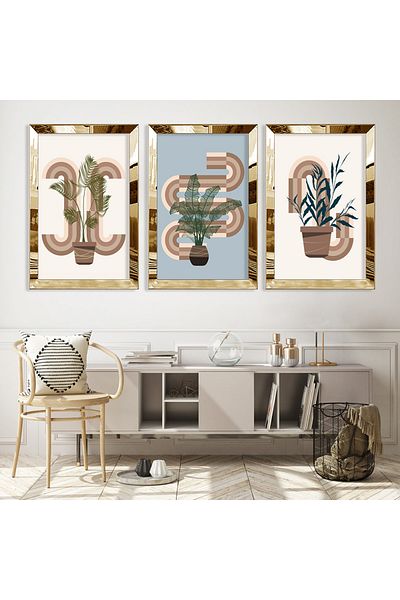 Zevahir Mobilya Dekorasyon Set de pictură din MDF triplu cu margine din plexiglas auriu cu model abstract de flori minimaliste