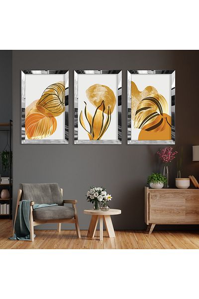 Zevahir Mobilya Dekorasyon Set de pictură din MDF cu model abstract de plantă din argint cu margine din plexiglas
