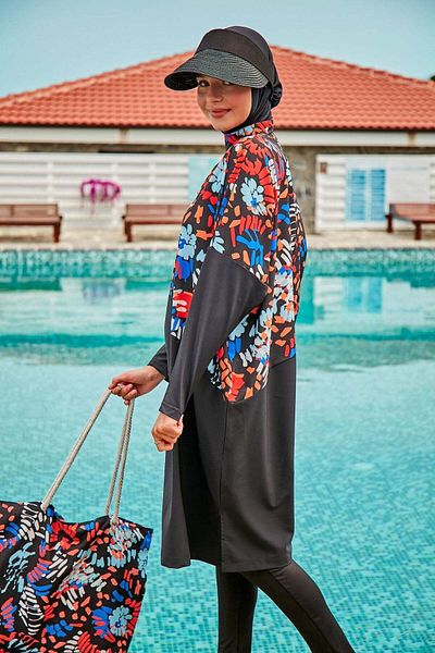 Marina Parachute Flowered Black Fully Covered Hijab Swimsuit M2313