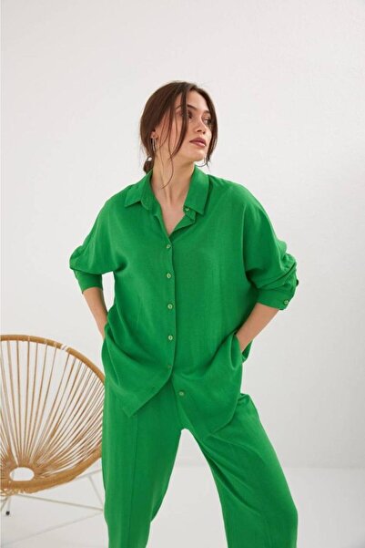 Laluvia Zelená oversize plátěná košile
