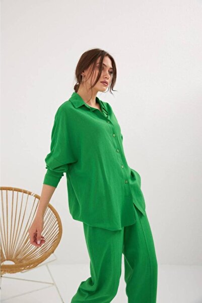 Laluvia Zelená oversize plátěná košile