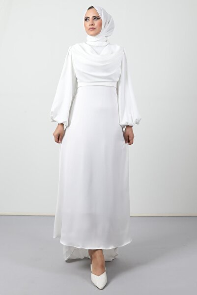 Giza Giyim Kuyruklu Degaje Elbise Beyaz
