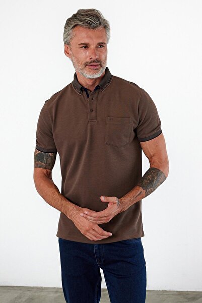 ENQUE Ανδρικό μπλουζάκι Basic Polo με κοντό μανίκι με τσέπη μονόχρωμο κανέλα