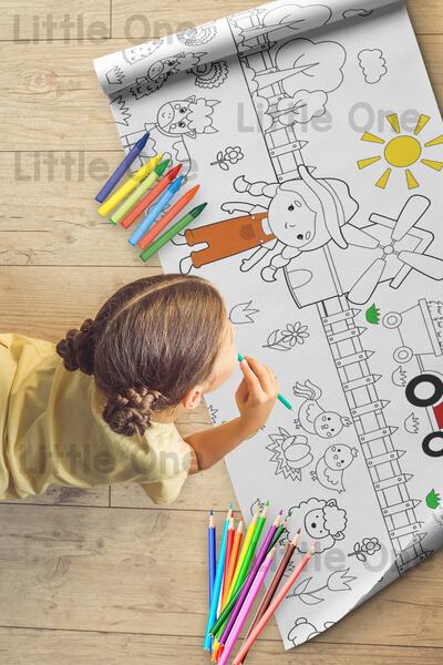 Little One Boyamaya Hazır Çiftlik Temalı, Aktivite Rulo Boyama Kağıdı - 62 Cm X 2.5 Metre Dev Rulo