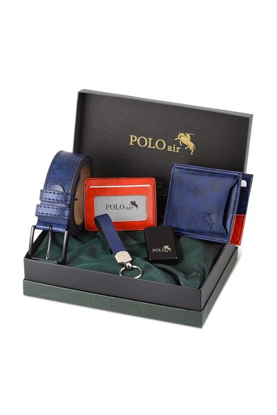 Poloair Kemer Cüzdan Kartlık Anahtarlık Çakmak Hediyelik Kutusunda Lacivert Set