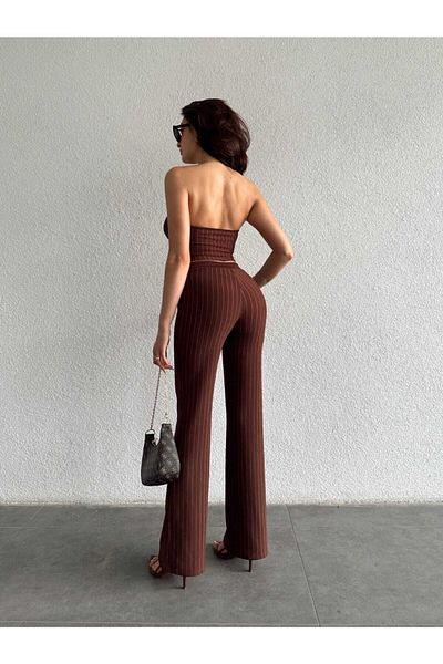 alenmoda Σετ στράπλες ριγέ γυναικείο μπουστάκι και παντελόνι