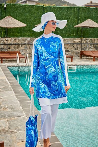 Marina Marbling Patterned Blue Full Covered Hijab Swimsuit M2304