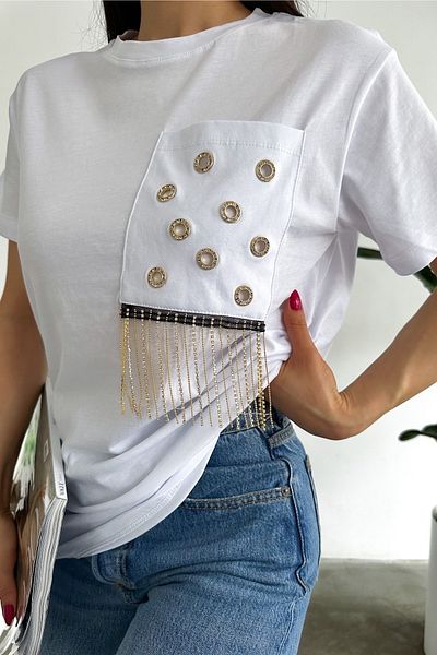 FEMELLE Women's White Crew Neck Tasseled Stone Embroidered Cotton T-shirt