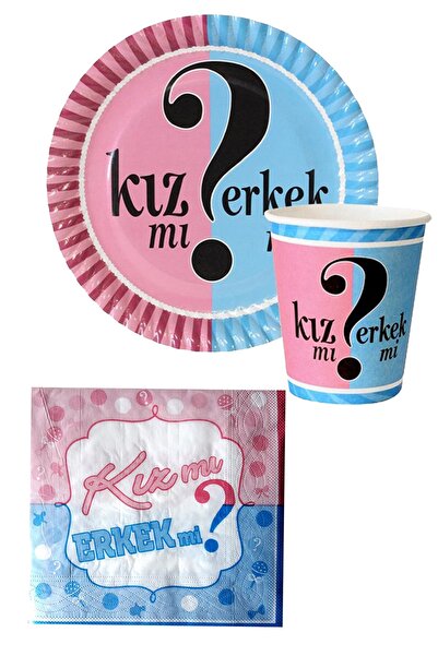 Parti dolabı 8'li Cinsiyet Belirmele Set Kız Mı? Erkek Mi? Karton Bardak Tabak Peçete Baby Shower Parti Süsleri