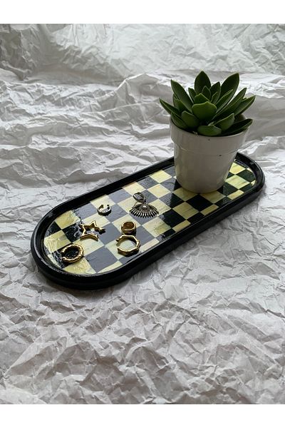 unique florya Checkered Decorative Tray Oval Presentation Holder Candle Holder Countertop Tray 24x9,5cm