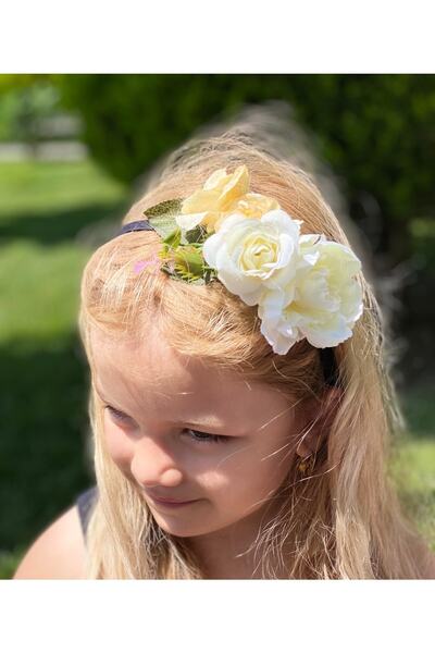 QUEEN AKSESUAR Coroană de flori artificiale de lux, alb crem, cu trandafiri, pentru femei, copii, coroană de logodnă, nuntă, henna