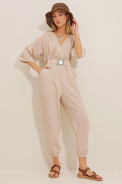 Trend Alaçatı Stili Women's Beige Double Breasted Collar Linen Jumpsuit with Belt at Waist ALC-X10443