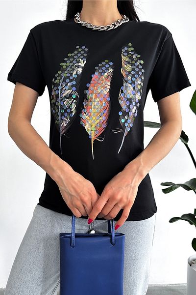 FEMELLE Tricou de damă din bumbac brodat cu paiete și model pene negre