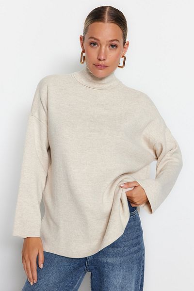 Trendyol Collection Weit geschnittener Basic-Strickpullover – Stone TWOAW23KZ00206