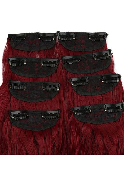 KONAK PERUK Red 8 Piece Fiber Synthetic Fluffy Wavy Snap