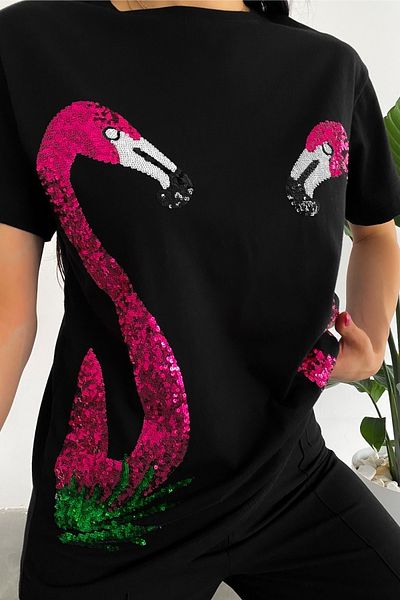 FEMELLE Tricou negru din bumbac brodat cu paiete Flamingo New Season pentru femei