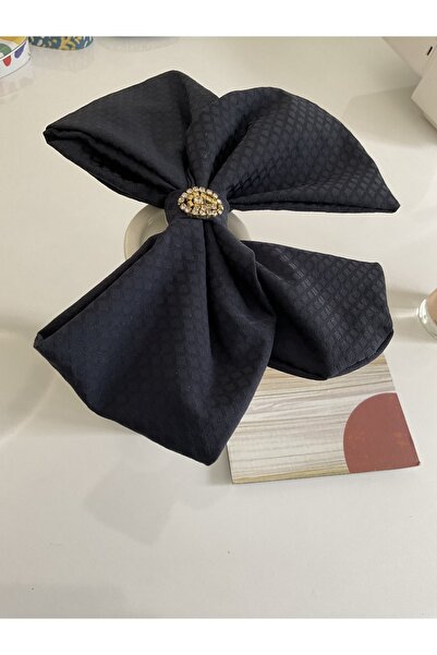 MADE BY PERİ Lacivert Kabartma Saten Arkadan Klipsli Fiyonk /bow Toka