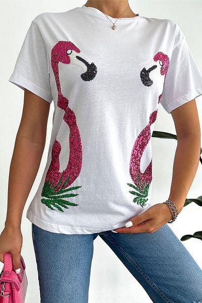FEMELLE Tricou din bumbac brodat cu paiete cu paiete Flamingo, alb, nou sezon