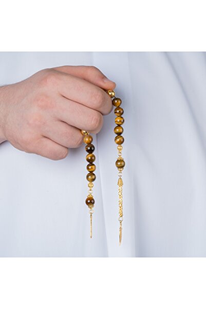 RevSilver Kahverengi Kaplan Gözü Taşı Tesbih Tek Sıra 925 Ayar Gümüş Imame Ve...