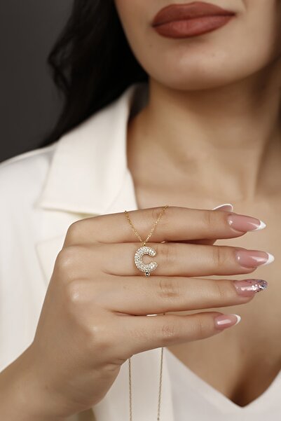 ALFA GÜMÜŞ TAKI Altın Kaplama Zirkon Taşlı Ç Harfi 925 Ayar Gümüş