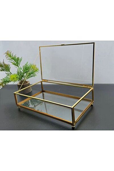 Fiyakalı Ürünler Atölyesi Glass Chest, Glass Metal Framed Presentation Chest with Lid, Chocolate Candy and Jewelry Box 25x15 Cm Gold