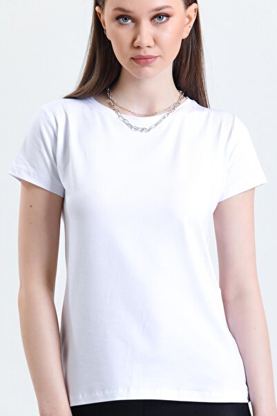 SİSTERS2HC Kadın Basıc Yuvarlak Bisiklet Yaka Viskon Beyaz T-shirt