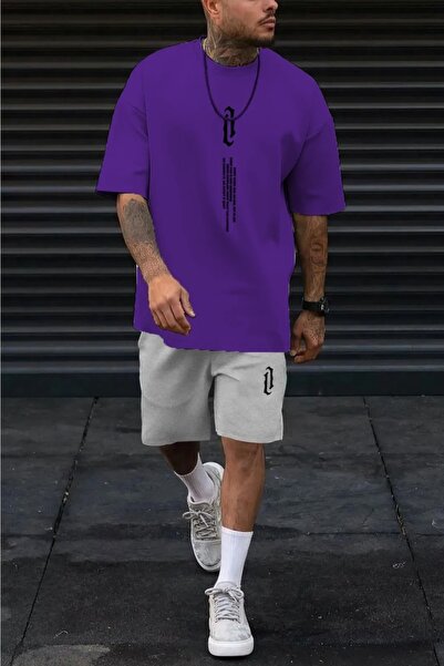 MYDARKSTYLE Men's Vertical Printed Oversize Gray Shorts Baby Purple T-Shirt Set