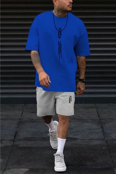 MYDARKSTYLE Men's Vertical Printed Oversize Gray Shorts Saks Blue T-Shirt Set
