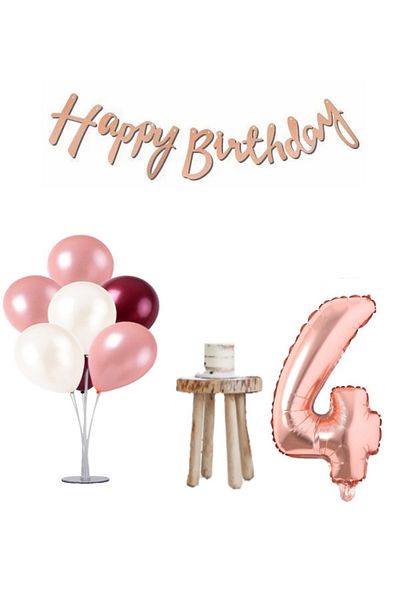 LOTUS PARTY Σετ γενεθλίων 4 ετών Rose Gold and Burgundy Minimal - Στάντ με μπαλόνι, αριθμός και Happy Text