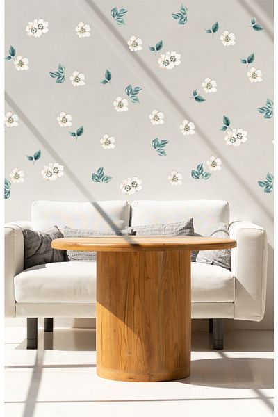 Sim Tasarım White Spring Flowers And Leaves Decorative Wall Sticker Set