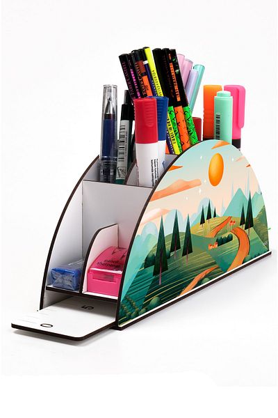 kutuTR Wooden Vip Landscape Rainbow Ruled Desktop Pen Holder Organizer with Assembled Box