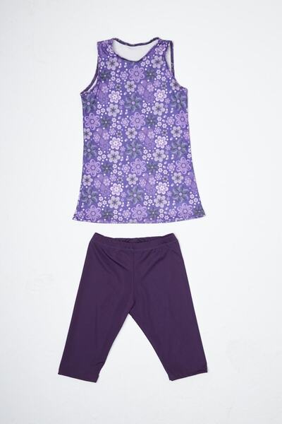 Starinci Mayo Costum de baie pentru fete cu mâneci zero, semi-acoperit, hijab, mov, floral