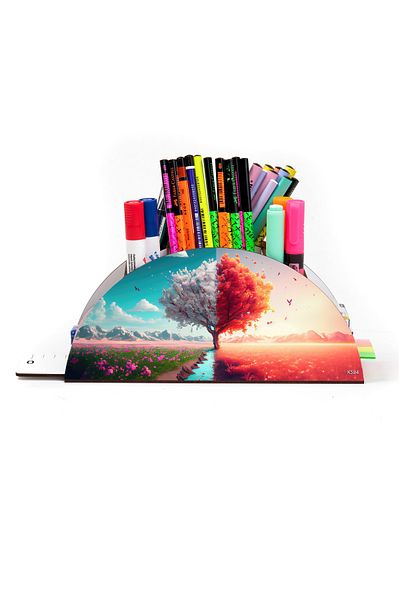 kutuTR Wooden Vip Landscape Rainbow Ruled Desktop Pen Holder Organizer with Assembled Box