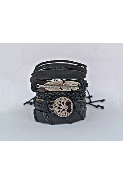 BSN Store Feather Tree of Life Silver Color Figure 5 Pieces Genuine Leather Bracelet
