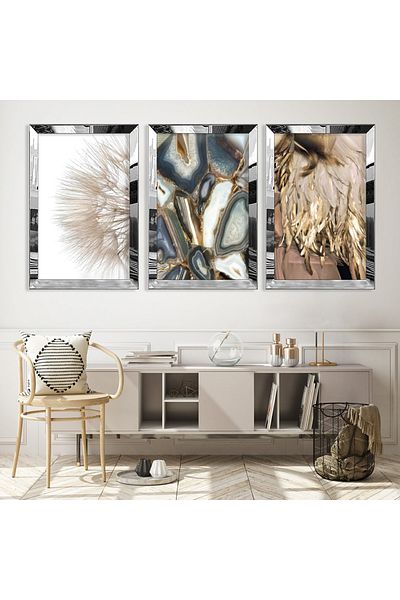Zevahir Mobilya Dekorasyon Silver Mirrored Plexiglass Framed Collage Drawing Triple Mdf Painting Set