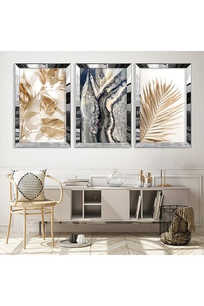 Zevahir Mobilya Dekorasyon Silver Mirrored Plexiglass Framed Collage Drawing Triple Mdf Painting Set