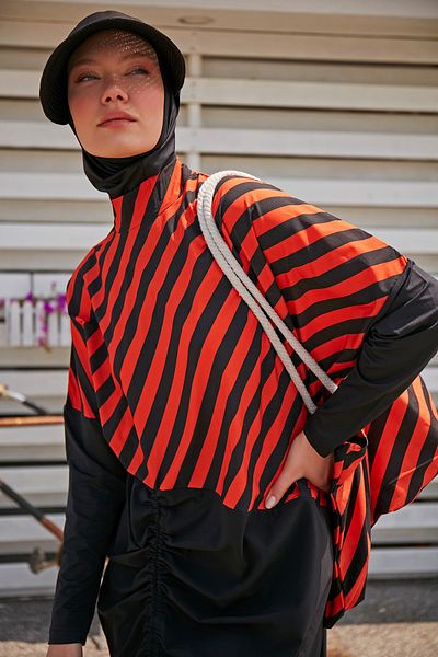 Marina Parachute Striped Black Full Covered Hijab Swimsuit M2307